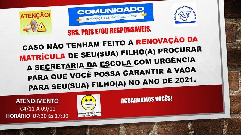 Pais devem procurar escola Ormy Araújo para realizar renovação de matrículas