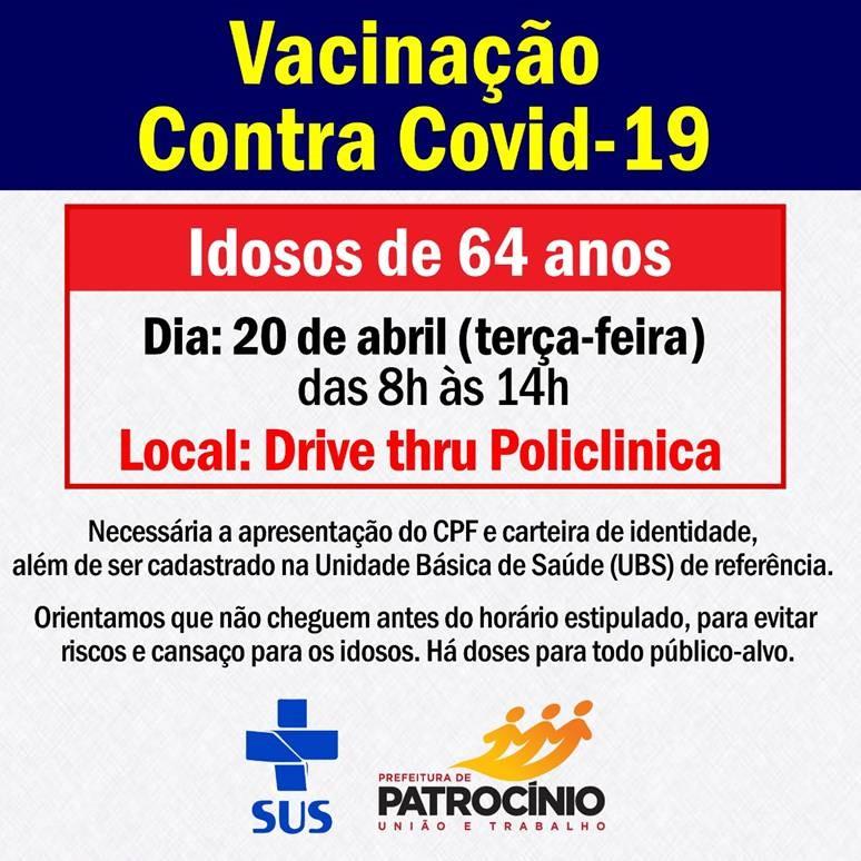 Secretaria de Saúde aplica nesta terça-feira, primeira dose contra covid-19 em idosos de 64 anos