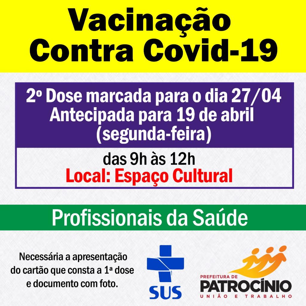 Secretaria de saúde vacina nesta segunda-feira, pessoas com segunda dose agendada para 27/04