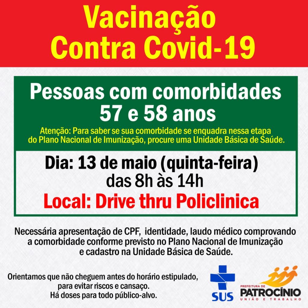 Patrocínio aplicara a primeira dose de vacina, em pessoas de 57 a 58 anos nesta quinta feira (13/05)