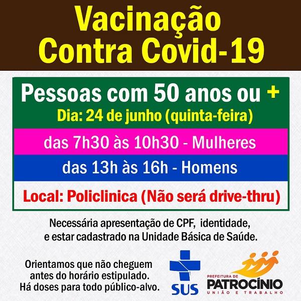 Pessoas com 50 anos ou mais, podera ser imunizado contra a COVID-19 nesta quinta-feira (24/06)