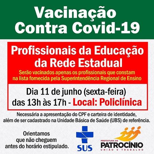Vacinação para os profissionais da educação da rede estadual será nesta sexta-feira (11/06)