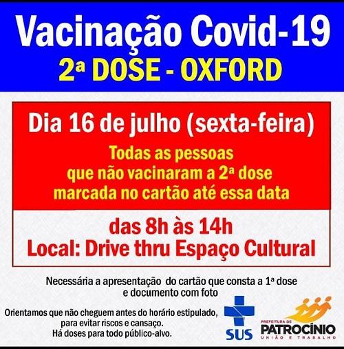 A secretaria de saúde, convoca a todos que esta marcada no cartão com esta data, para tomar a 2ª dose da vacina 
