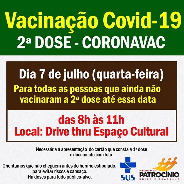 Segunda dose da CORONAVAC será aplicada nesta quarta-feira (07/07)