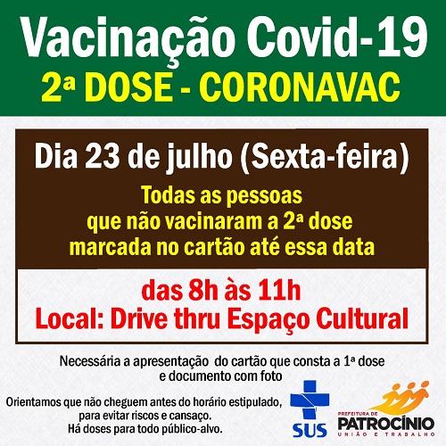 Segunda dose da CORONAVAC será aplicada nesta sexta-feira (23/07)