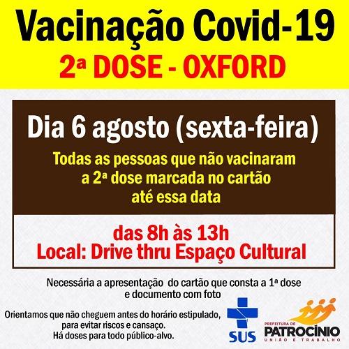 A Secretaria de saúde de Patrocínio convoca a todos que já tem condições de tomar a segunda dose da vacina de 