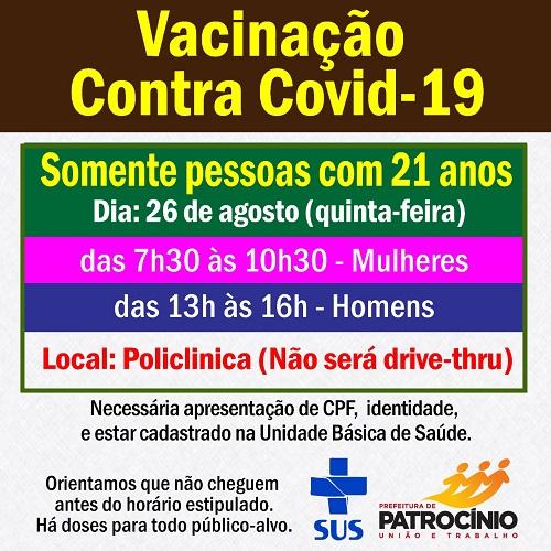 Chegou a vez dos jovens de 21 anos de idade, receberem a vacina contra a COVID-19
