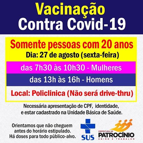 Os Jovens de 20 anos de idade, vão receber a vacina contra a COVID-19 nesta sexta-feira (27/08)