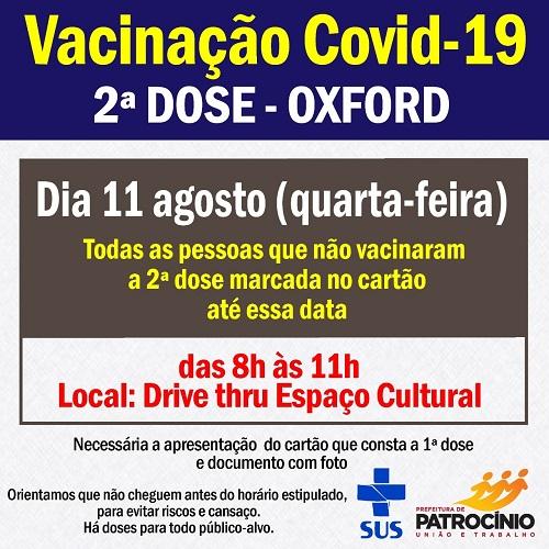Secretaria de Saúde aplica segunda dose da vacina de Oxford nesta quarta-feira (11/08)