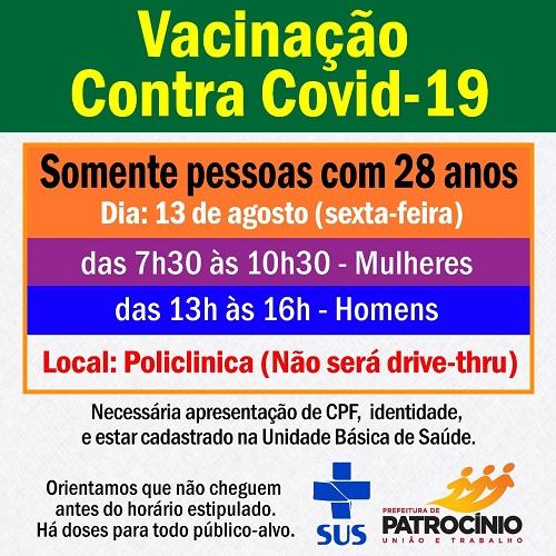 Secretaria de Saúde vacina pessoas com 28 anos nesta sexta-feira (13/08) contra Covid-19