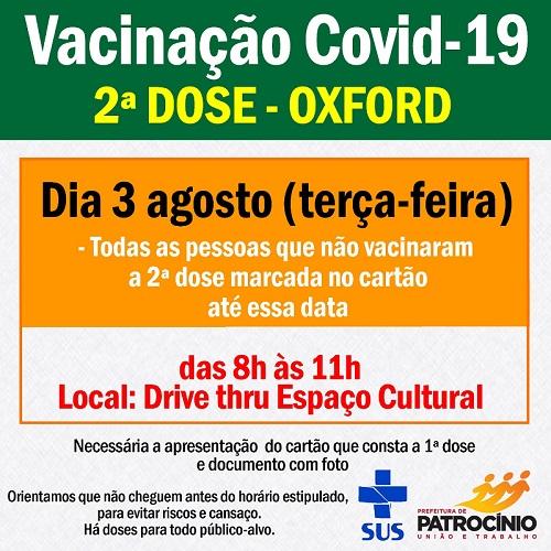 Segunda dose da vacina de Oxford será aplicada terça-feira (03/08)