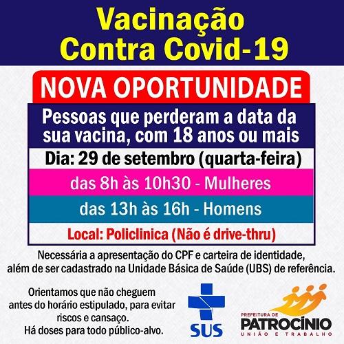 A secretaria de saúde dará uma nova oportunidade para as pessoas com 18 anos ou mais, de se vacinarem contra a COVID-19 nesta quarta-feira (29/09)