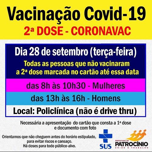 Aplicação da segunda dose com a vacina CORONAVAC será nesta terça-feira(28)09)