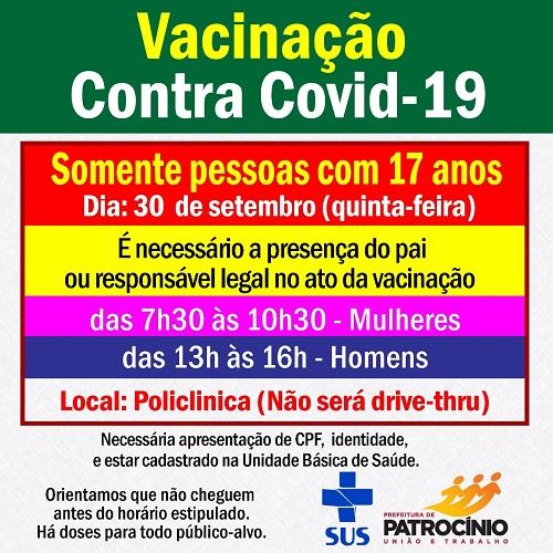 Jovens de 17 anos de idade serão vacinados contra a COVID-19 nesta quinta-feira (30/09)