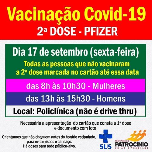 Nesta sexta-feira (17/09) será aplicada a segunda dose da vacina 