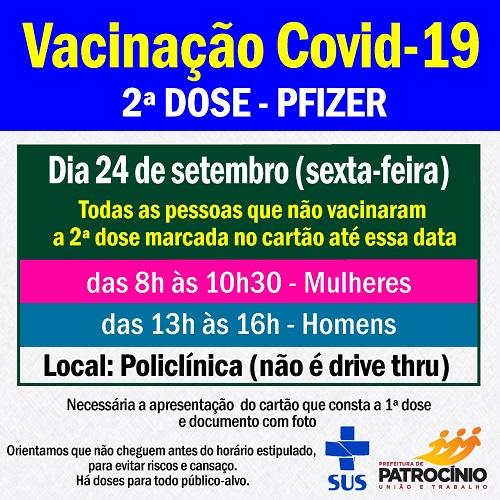 Nesta sexta-feira (24/09) terá vacinação da segunda dose da vacina 