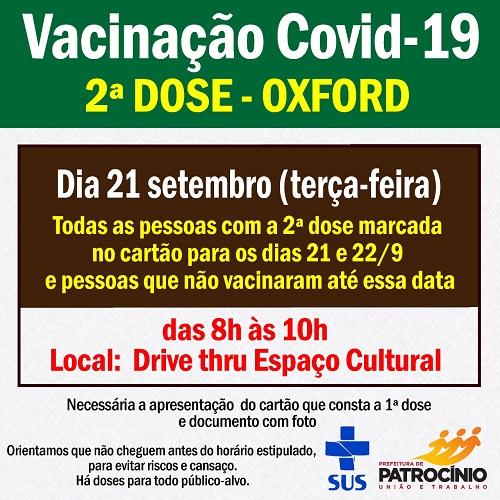 Nesta terça-feira haverá vacinação com a segunda dose da vacina OXFORD