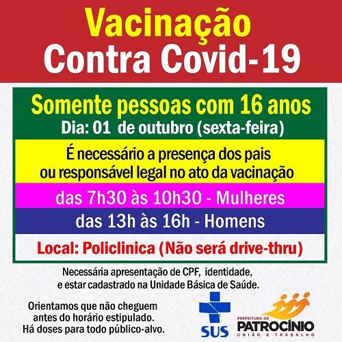 Patrocínio vacina adolescentes de 16 anos de idade nesta sexta-feira (01/10)