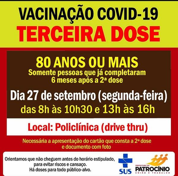 Pessoas com 80 anos de idade, vão receber a terceira dose da vacina desta segunda-feira (27/09)
