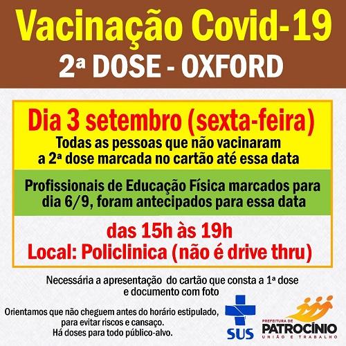 Secretaria de Saúde aplica 2ª dose da vacina de Oxford nesta sexta-feira (03/09)