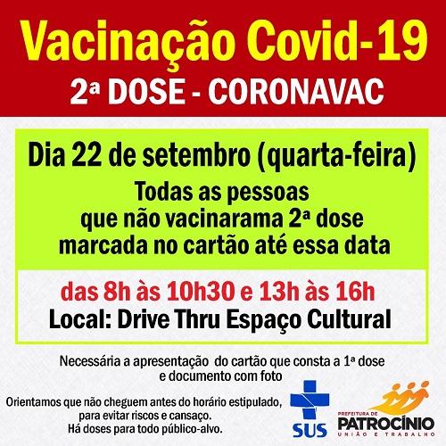 Segunda dose da CORONAVAC será aplicada nesta quarta-feira (22/09)
