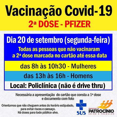 Segunda-feira (20/09) tem aplicação de segunda dose da vacina da PFIZER
