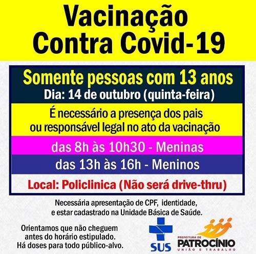 Adolescentes de 13 anos de idade, vão poder se vacinar nesta quinta-feira (14/10)