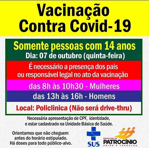 Jovens com 14 anos de idade serão vacinados nesta quinta-feira (07/10)