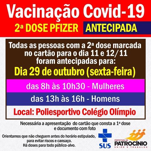 Secretaria de saúde adianta segunda dose da vacina PFIZER que estava marcada para os dias 11 e 12 de novembro para esta sexta-feira (29/10)