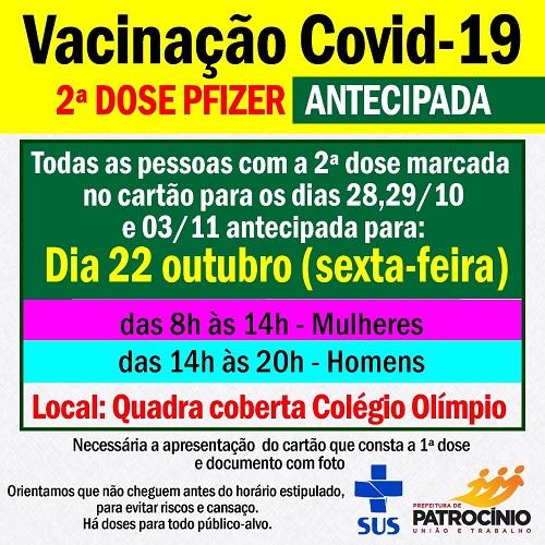 Segunda dose da vacina PFIZER é antecipada para sexta-feira(22/10)