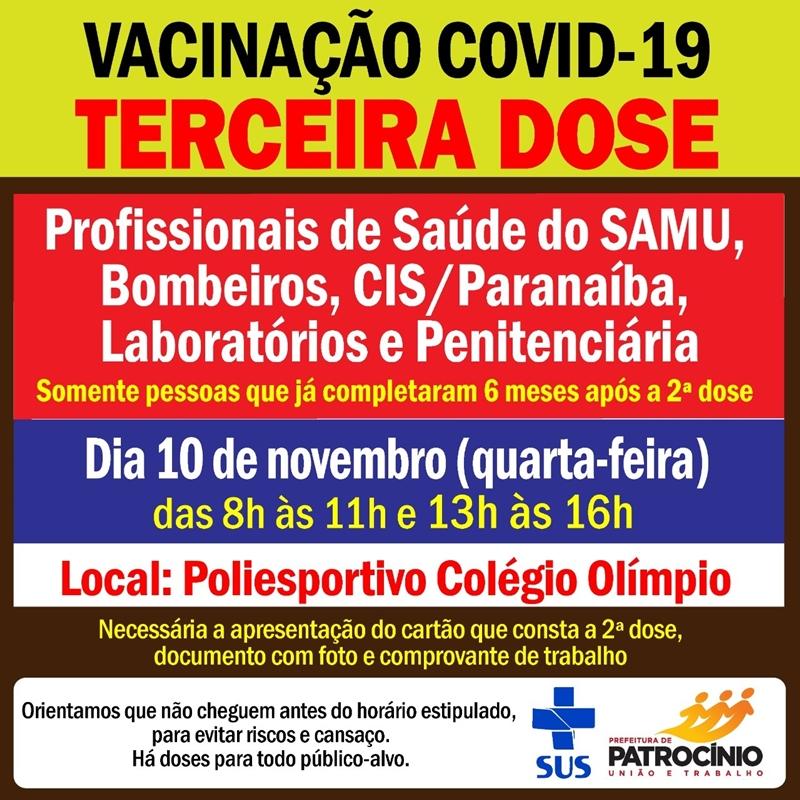 Secretaria de Saúde aplicará a terceira dose da vacina contra a COVID-19 para profissionais do SAMU e Corpo de Bombeiros
