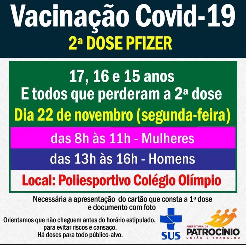 Segunda dose da vacina PFIZER será aplicada nesta segunda-feira (22/11) em adolescentes de 15, 16, e 17 anos de idade.