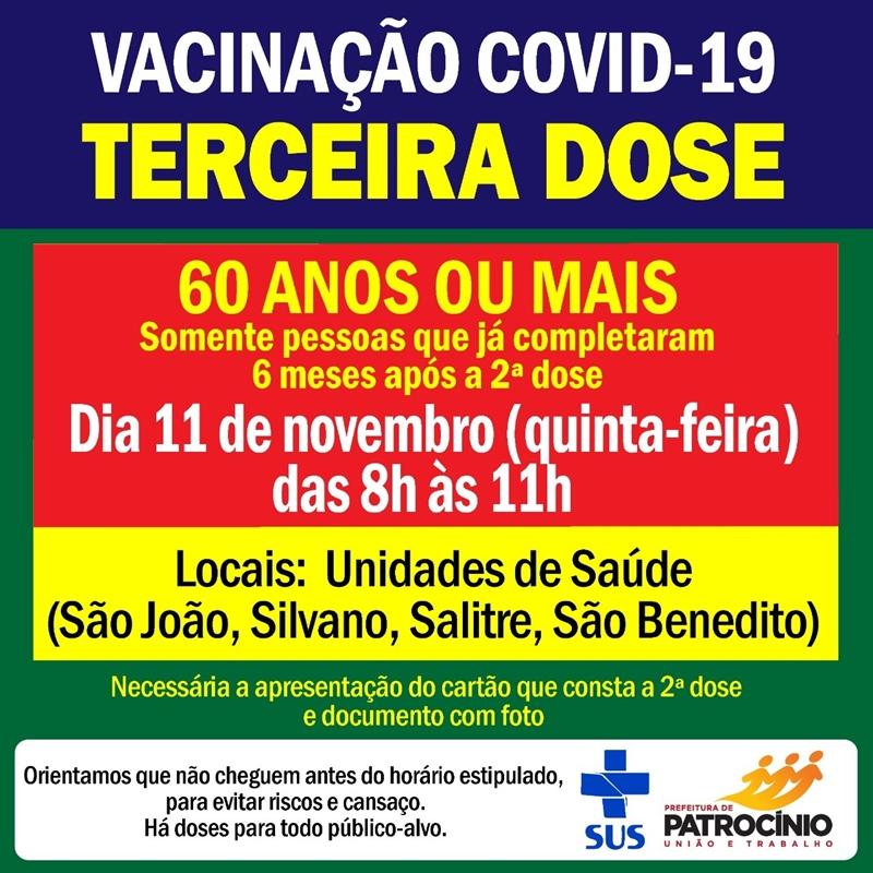 Terceira dose da vacina contra a COVID-19 será aplicada em pessoas com 60 ou mais anos nos distritos