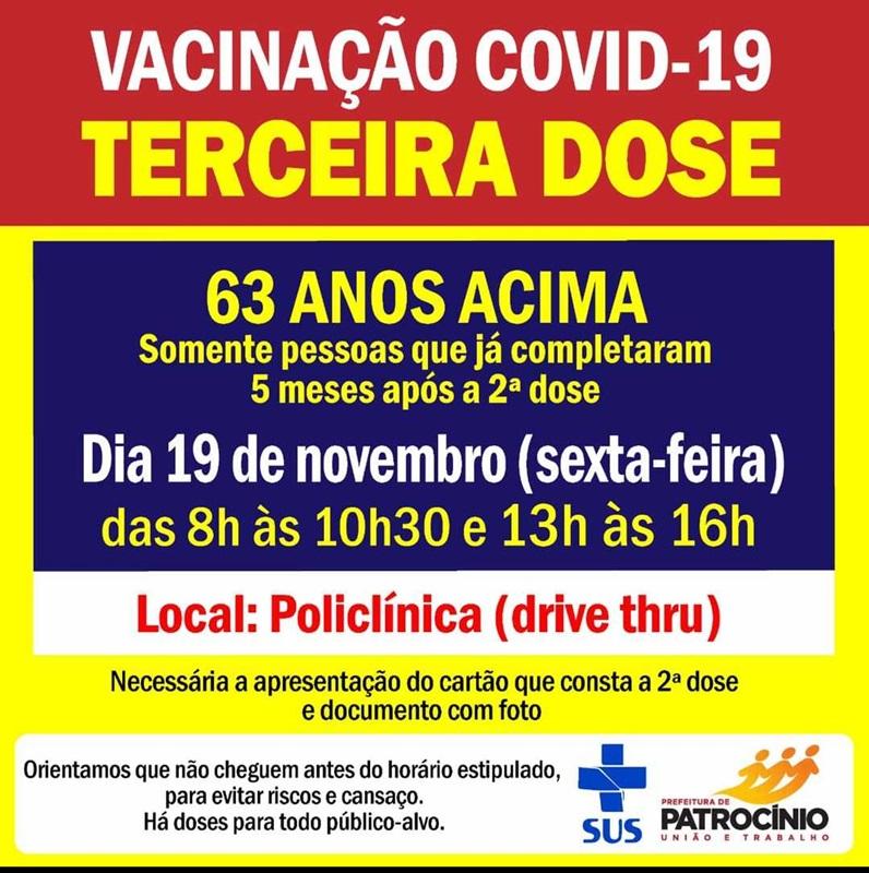 Terceira dose da vacina contra a COVID-19 será aplicada nesta sexta-feira (19/11) em pessoas com 63 anos de idade ou mais
