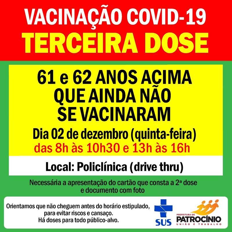 Nova oportunidade de vacinação para pessoas de 61 e 62 anos que ainda não tomaram a 3ª dose