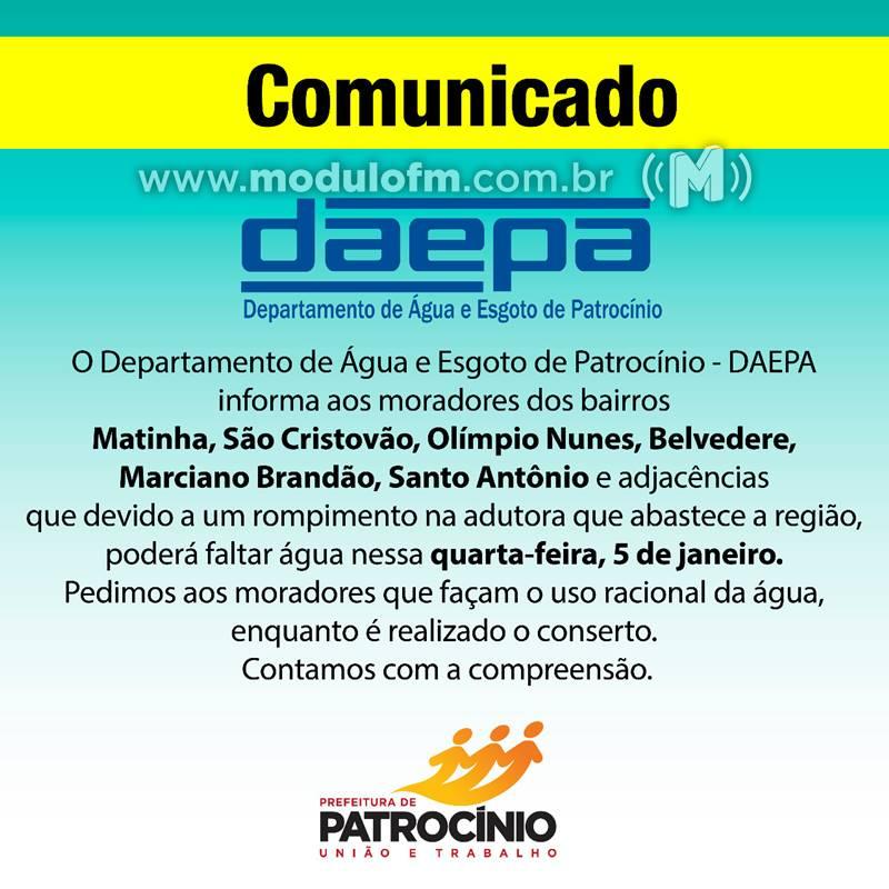 DAEPA comunicou que bairros poderão ficar sem água nesta quarta-feira (5)