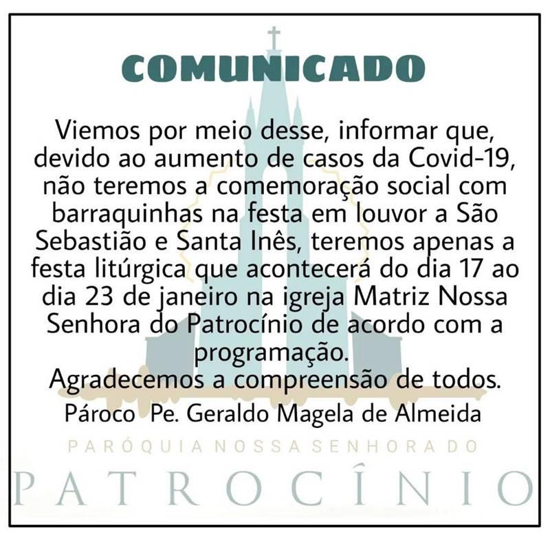 Festa em Louvor a São Sebastião e Santa Inês não terá barraquinhas devido ao aumento de casos de Covid