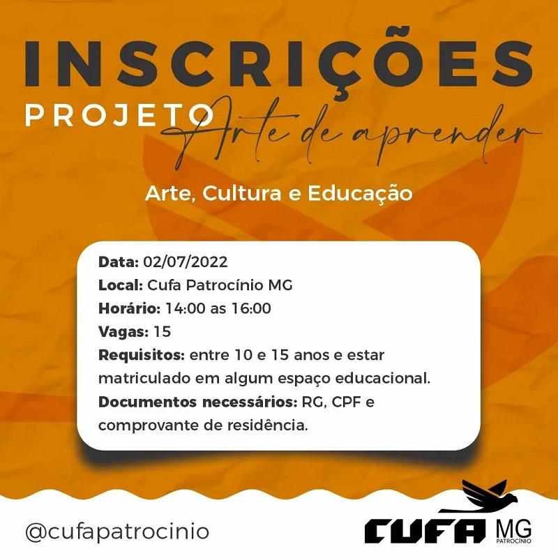 Cufa Patrocínio realiza inscrições para o projeto ‘Arte de Aprender’ neste sábado (2/07)