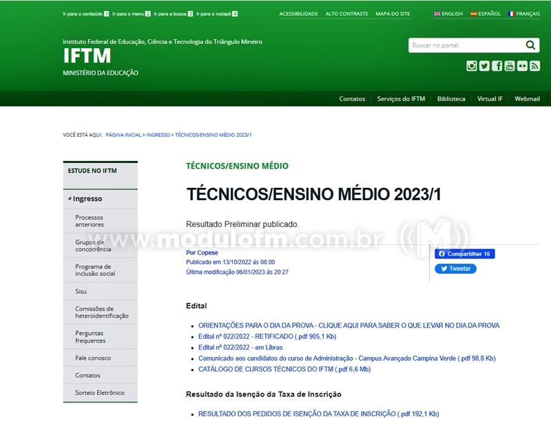 Instituto Federal do Triângulo Mineiro Patrocínio divulga lista preliminar dos aprovados no Ensino Médio
