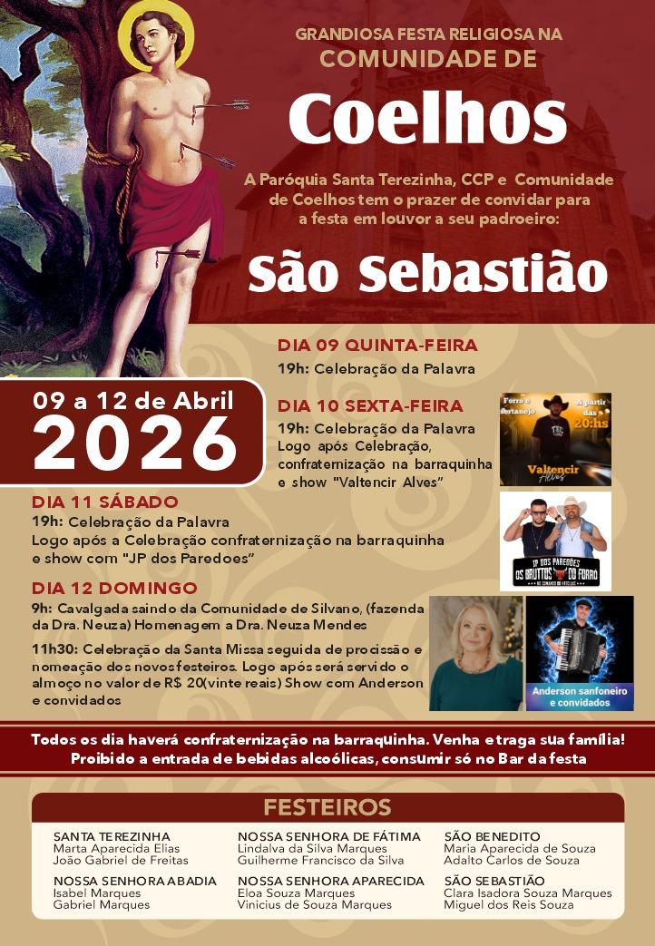 Comunidade de Coelhos realiza festa em louvor a São Sebastião entre os dias 9 e 12 de abril
